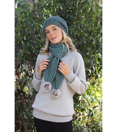 9873 Cable Scarf with Rabbit Fur Pompoms