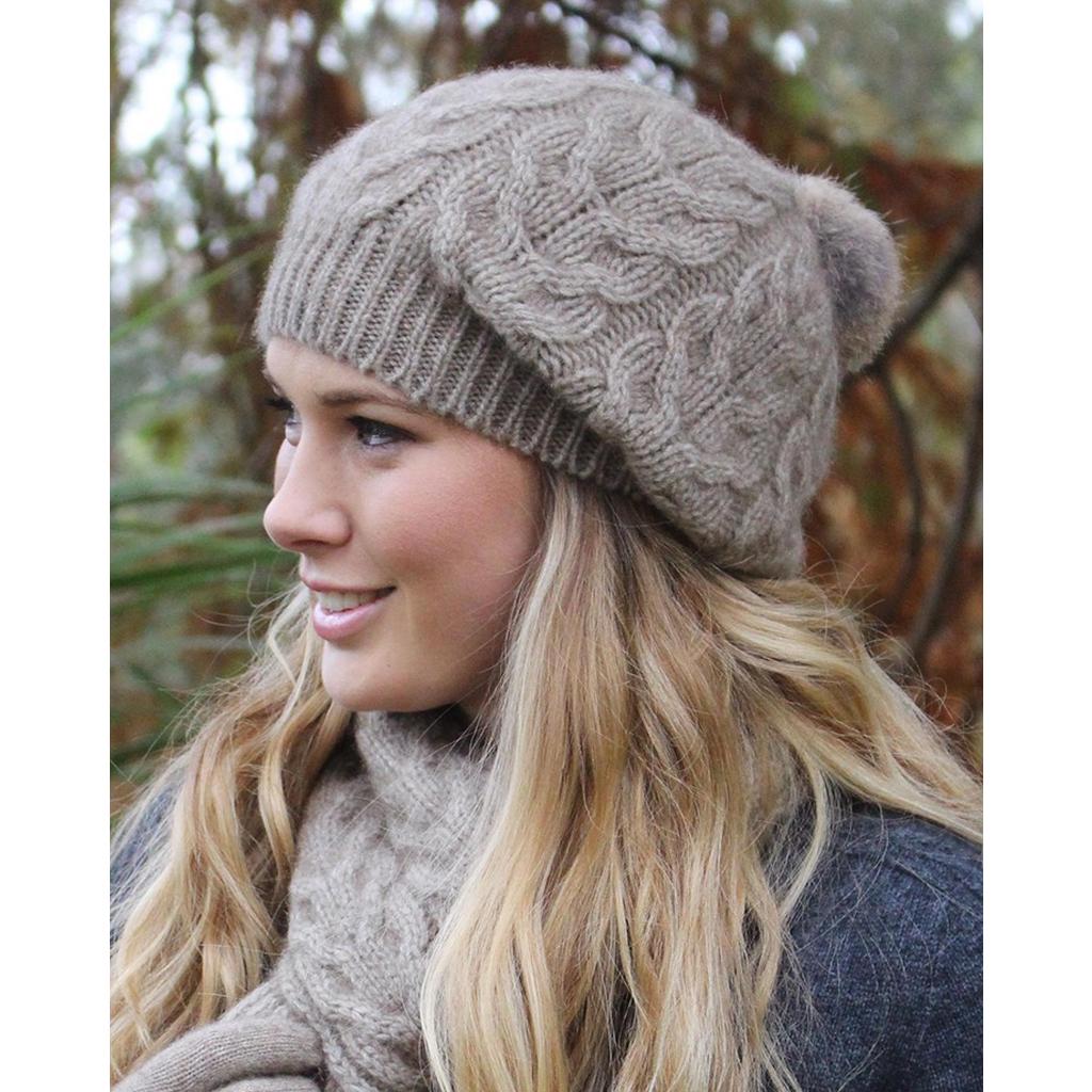 image of 9872 Relaxed Cable Beanie with Rabbit Fur Pompom